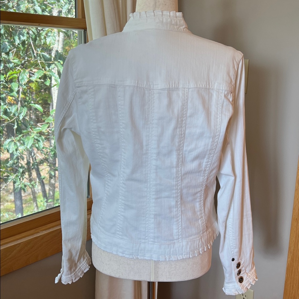 Chico’s Platinum White Ruffled Button-Up Jean Jacket - Picture 4 of 6